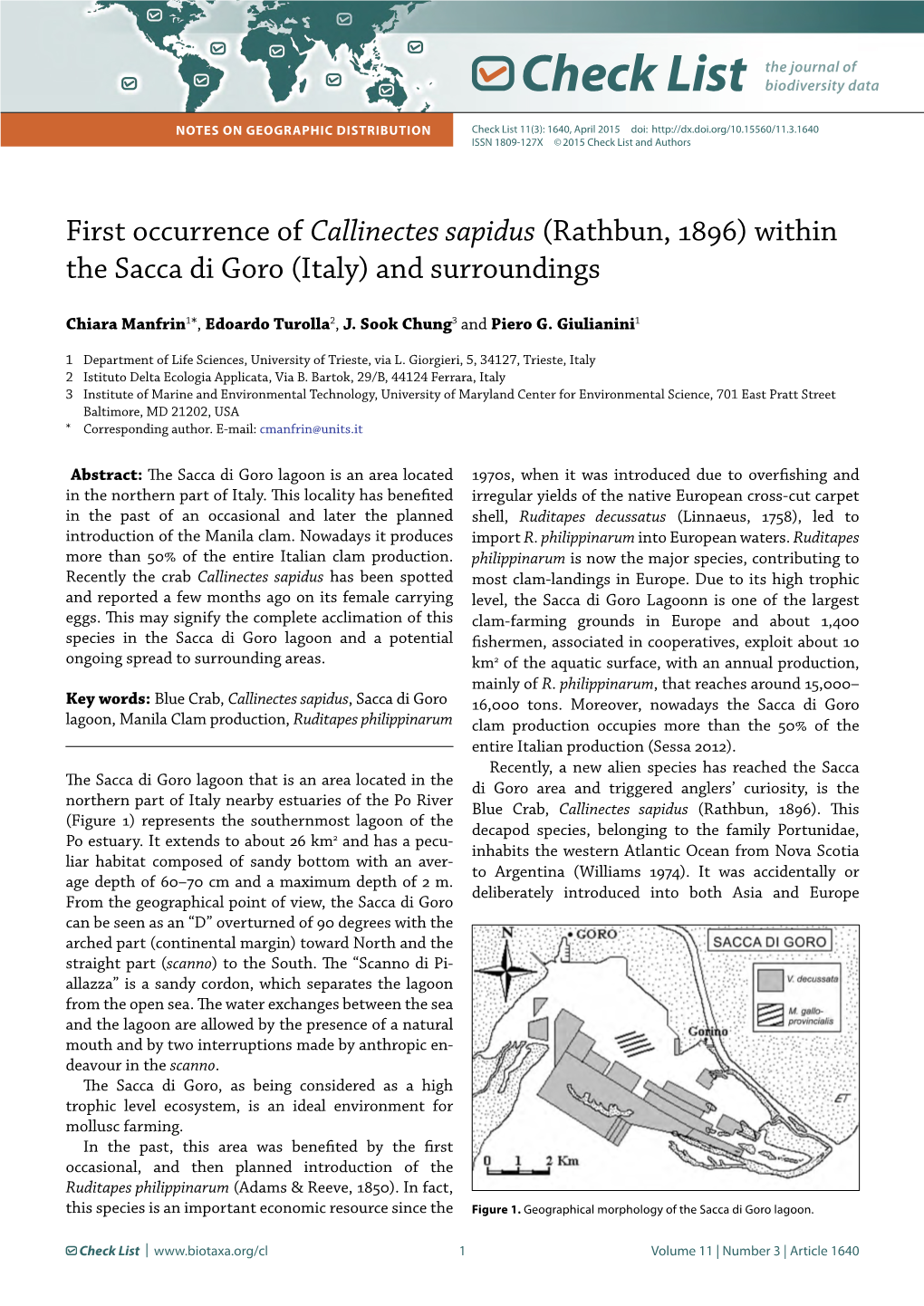 First Occurrence of Callinectes Sapidus (Rathbun, 1896) Within the Sacca Di Goro (Italy) and Surroundings