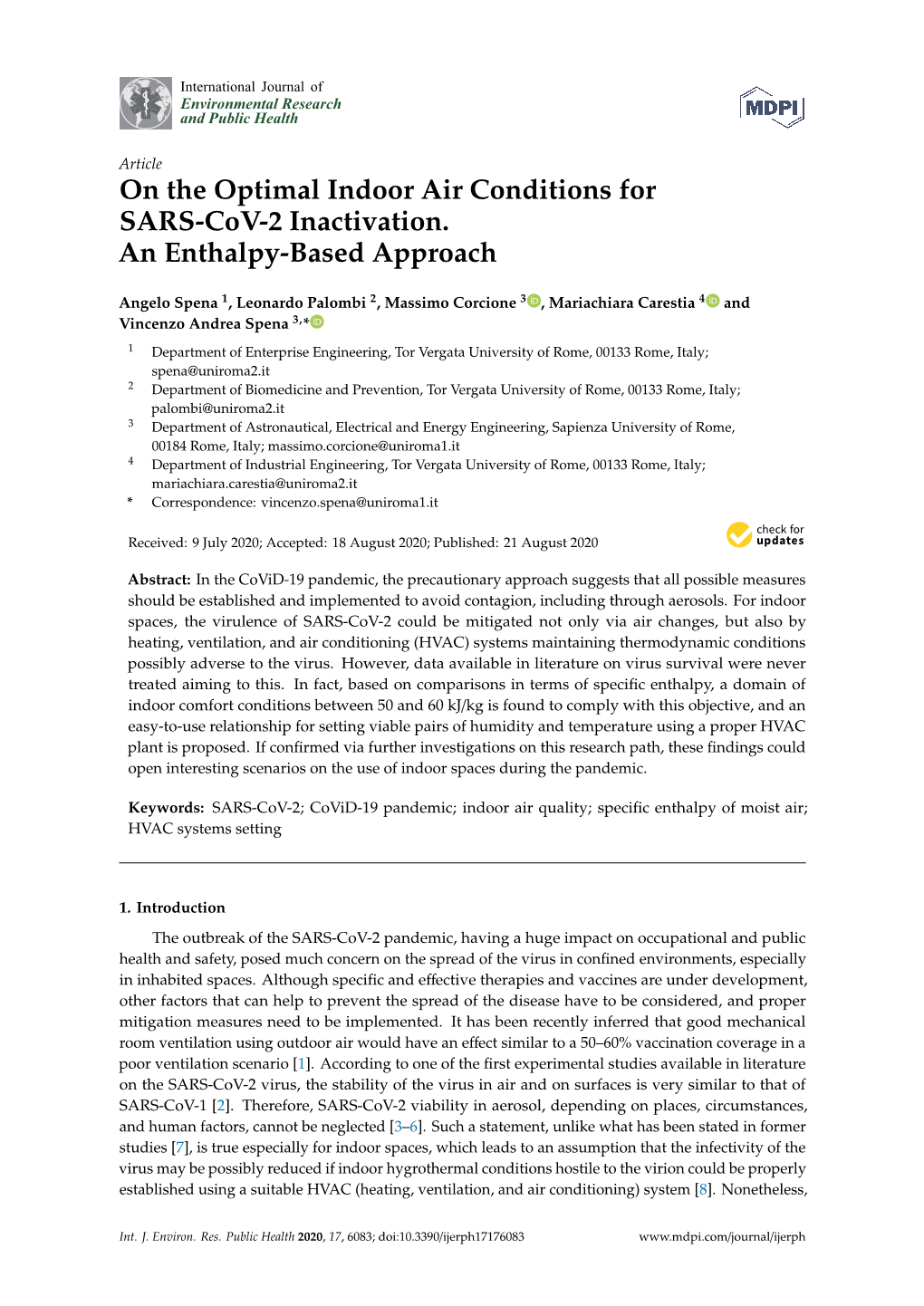 On the Optimal Indoor Air Conditions for SARS-Cov-2 Inactivation. an Enthalpy-Based Approach