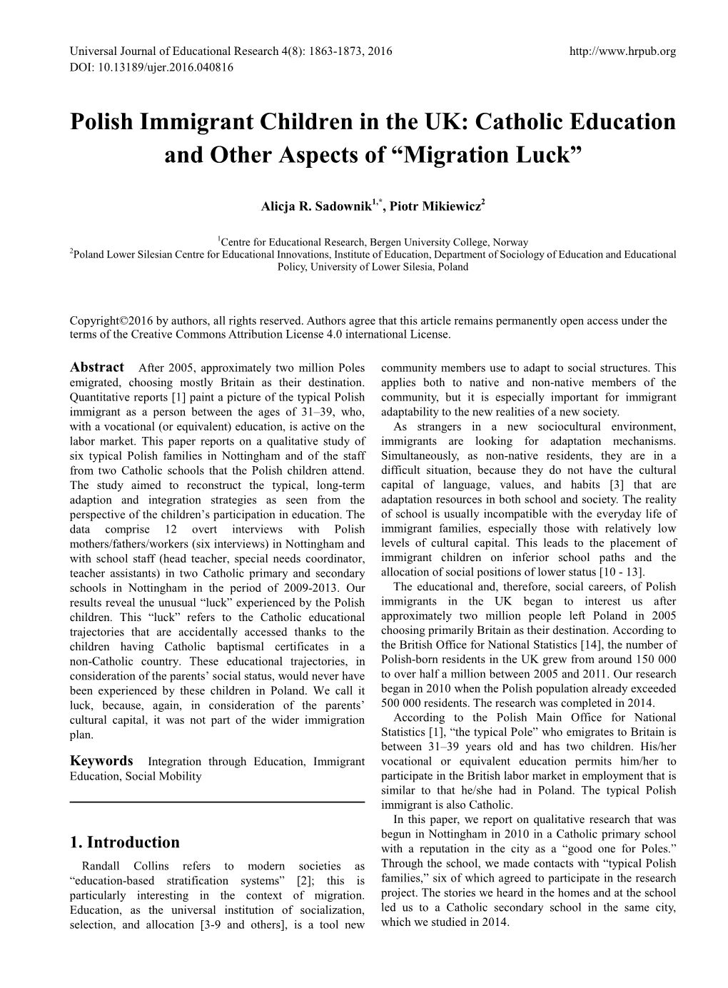 Polish Immigrant Children in the UK: Catholic Education and Other Aspects of “Migration Luck”