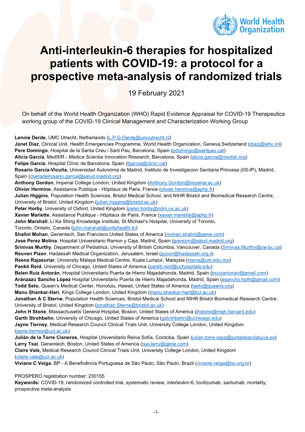 Anti-Interleukin-6 Therapies for Hospitalized Patients with COVID-19: a Protocol for a Prospective Meta-Analysis of Randomized Trials 19 February 2021