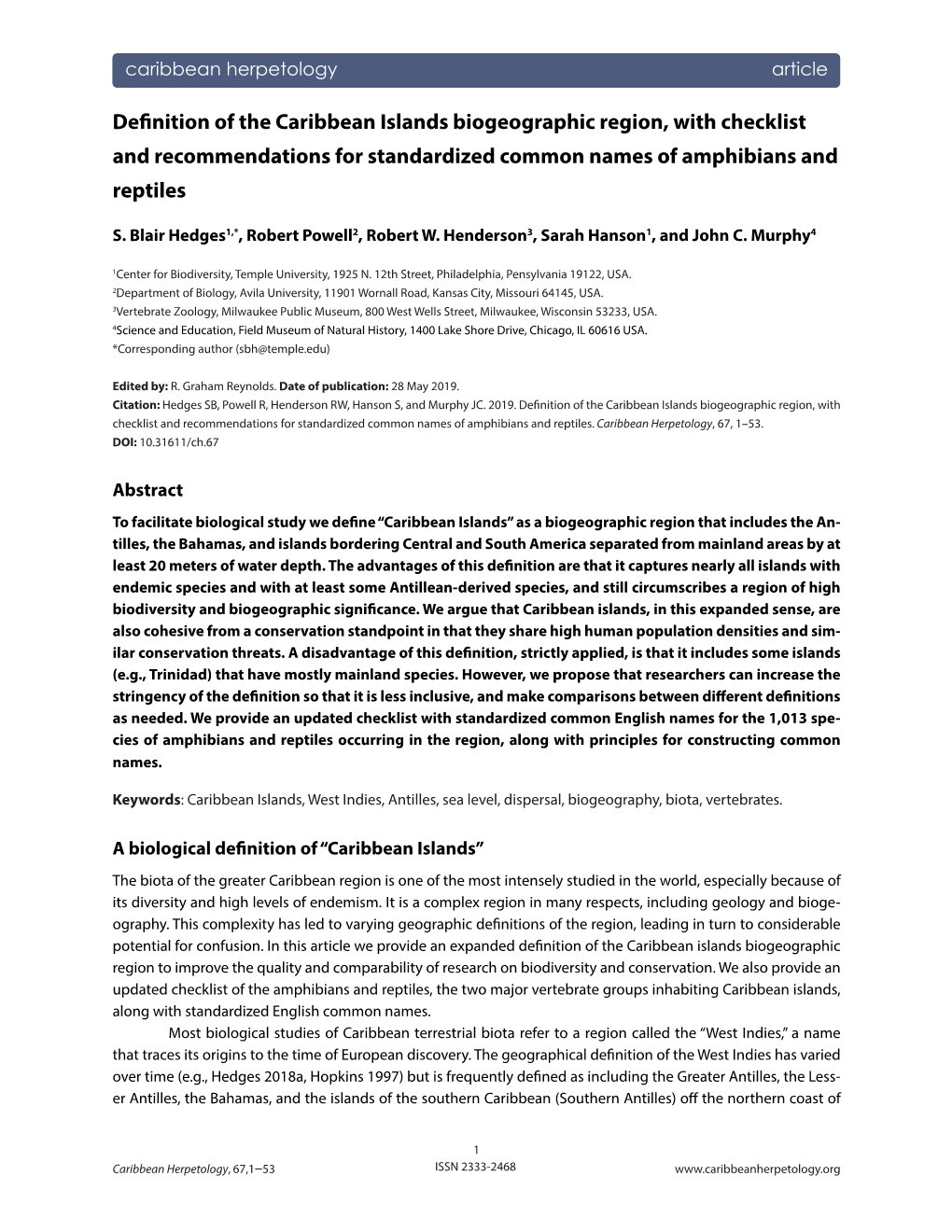 Definition of the Caribbean Islands Biogeographic Region, with Checklist and Recommendations for Standardized Common Names of Amphibians and Reptiles