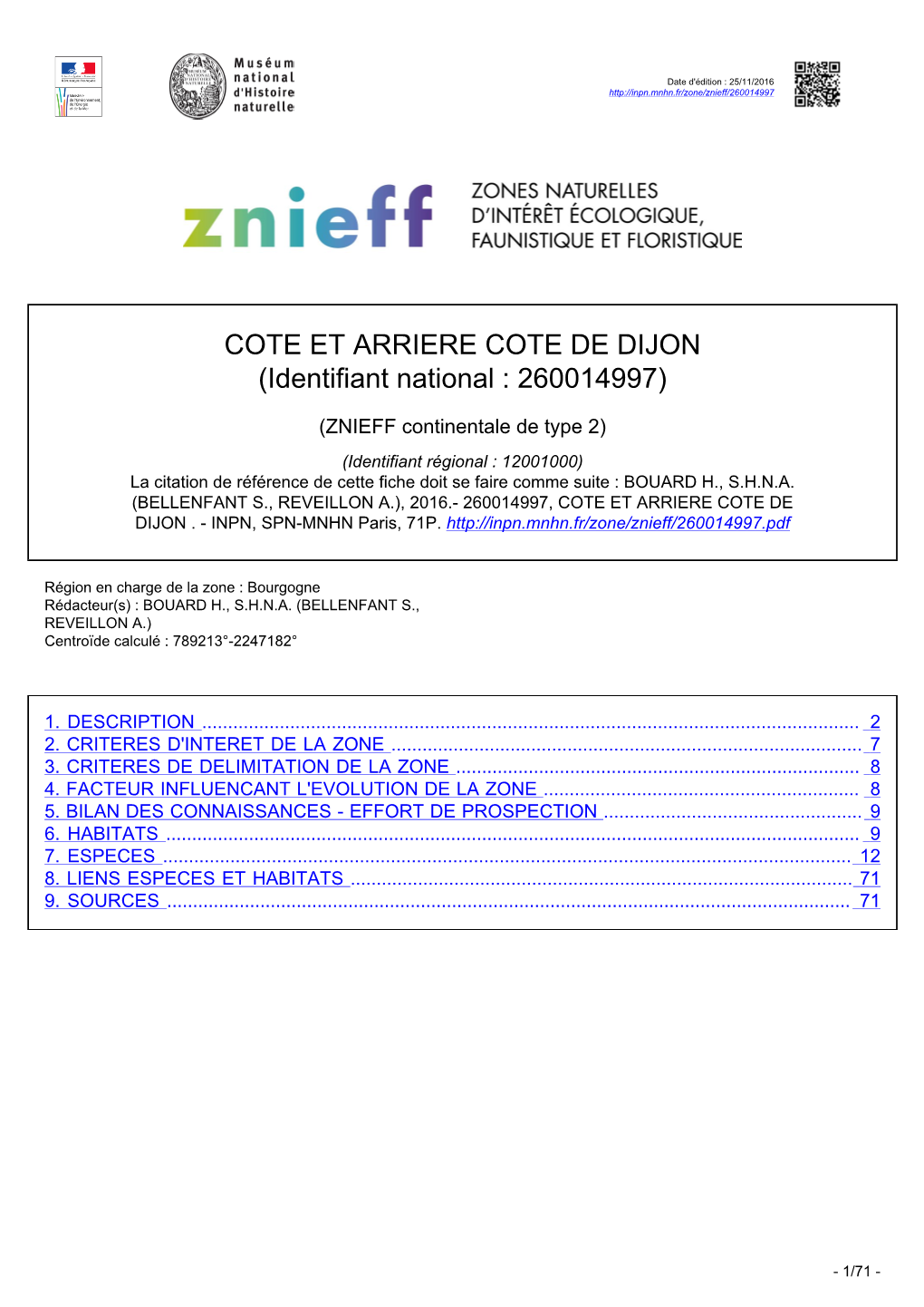 COTE ET ARRIERE COTE DE DIJON (Identifiant National : 260014997)