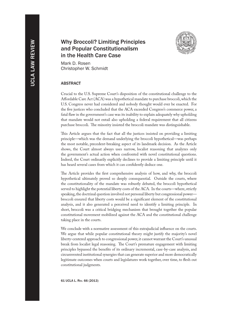 Why Broccoli? Limiting Principles and Popular Constitutionalism in the Health Care Case Mark D