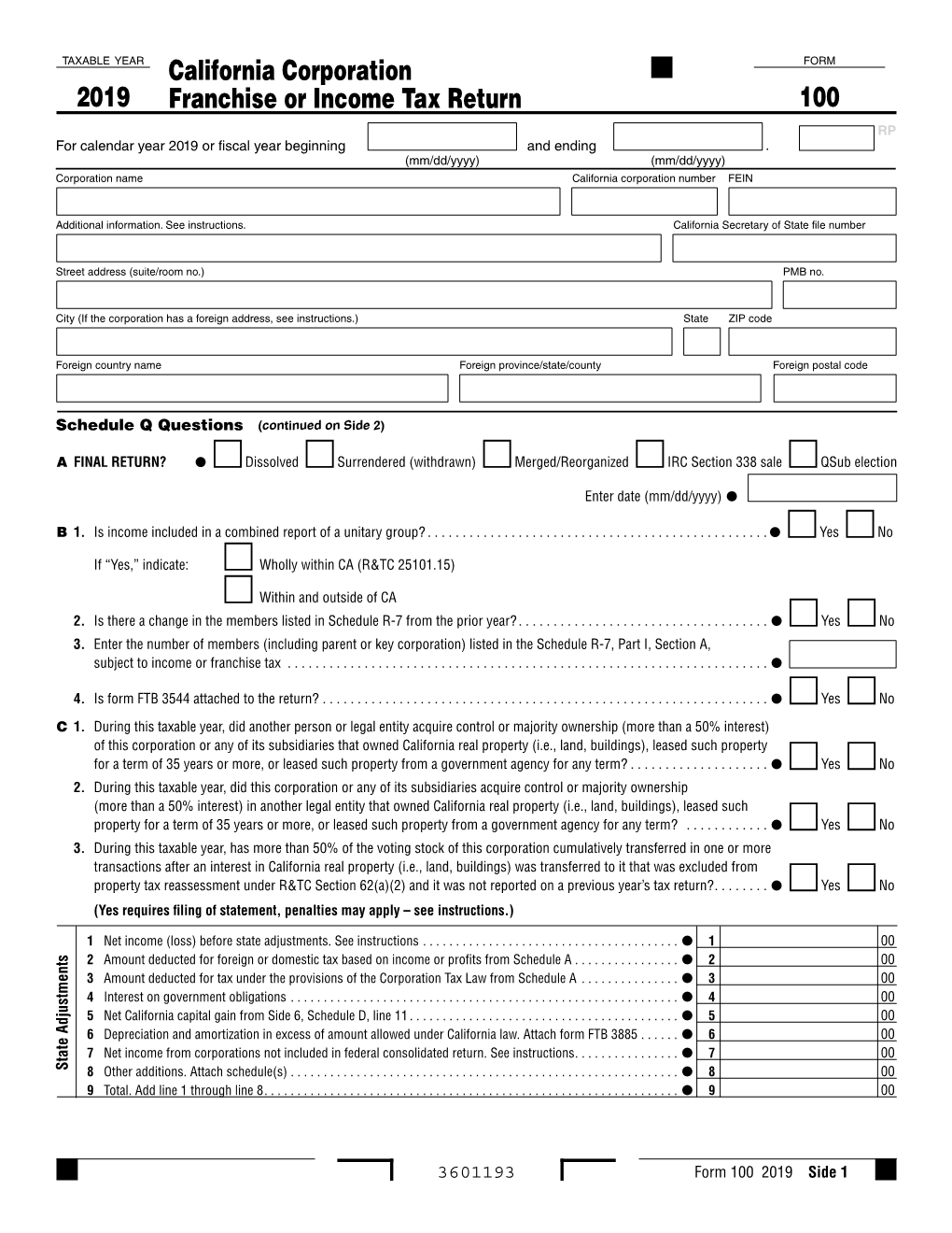 2019 Form 100 California Corporation Franchise Or Income Tax Return
