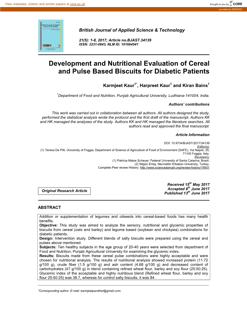 Development and Nutritional Evaluation of Cereal and Pulse Based Biscuits for Diabetic Patients