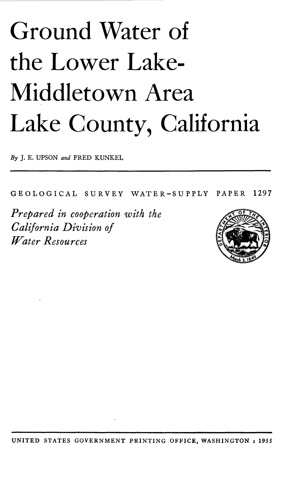Ground Water of the Lower Lake- Middletown Area Lake County, California