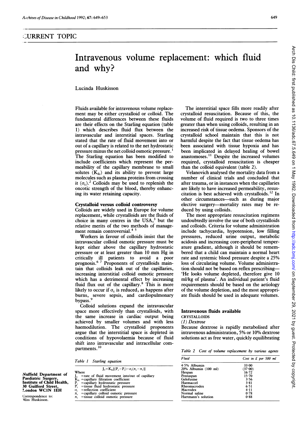 Intravenous Volume Replacement: Which Fluid and Why?