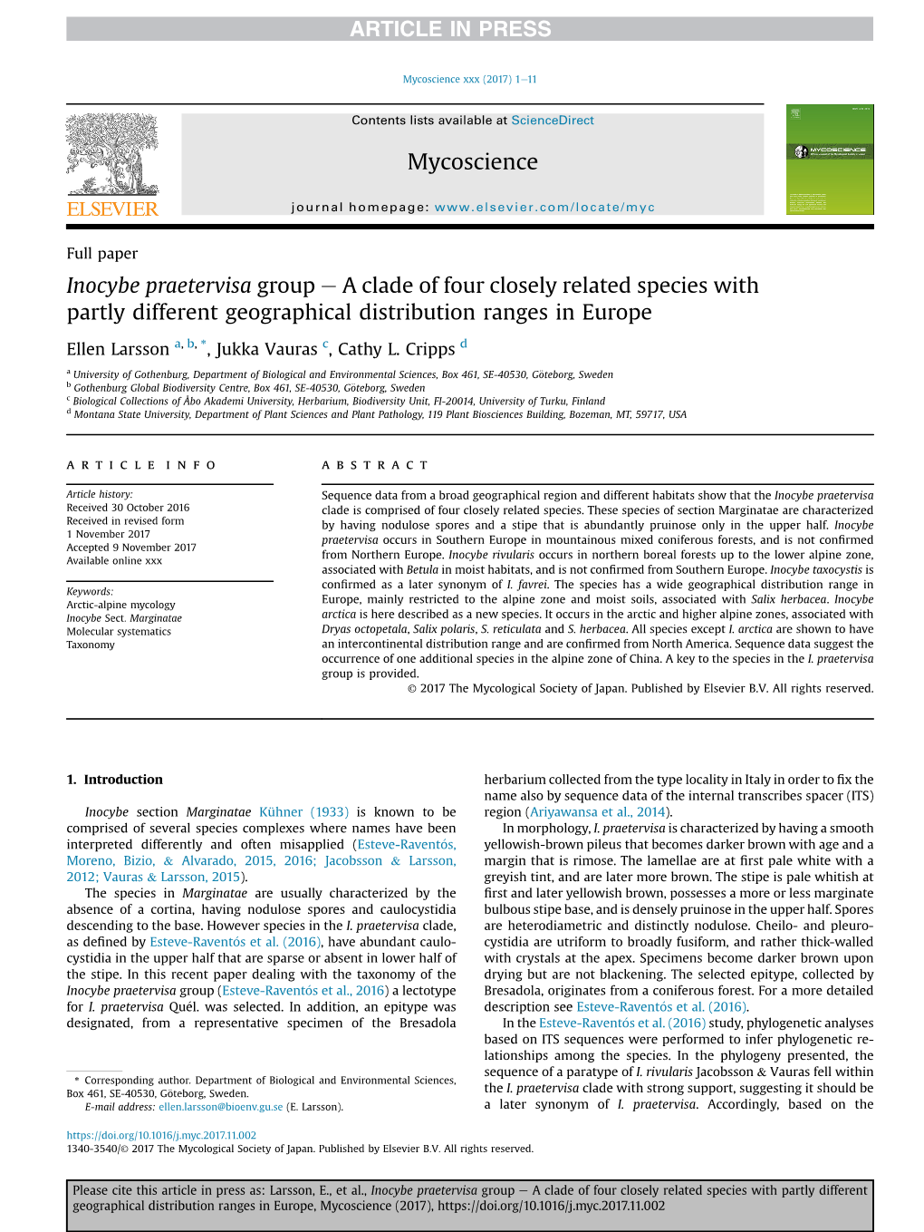 Inocybe Praetervisa Group E a Clade of Four Closely Related Species with Partly Different Geographical Distribution Ranges in Europe