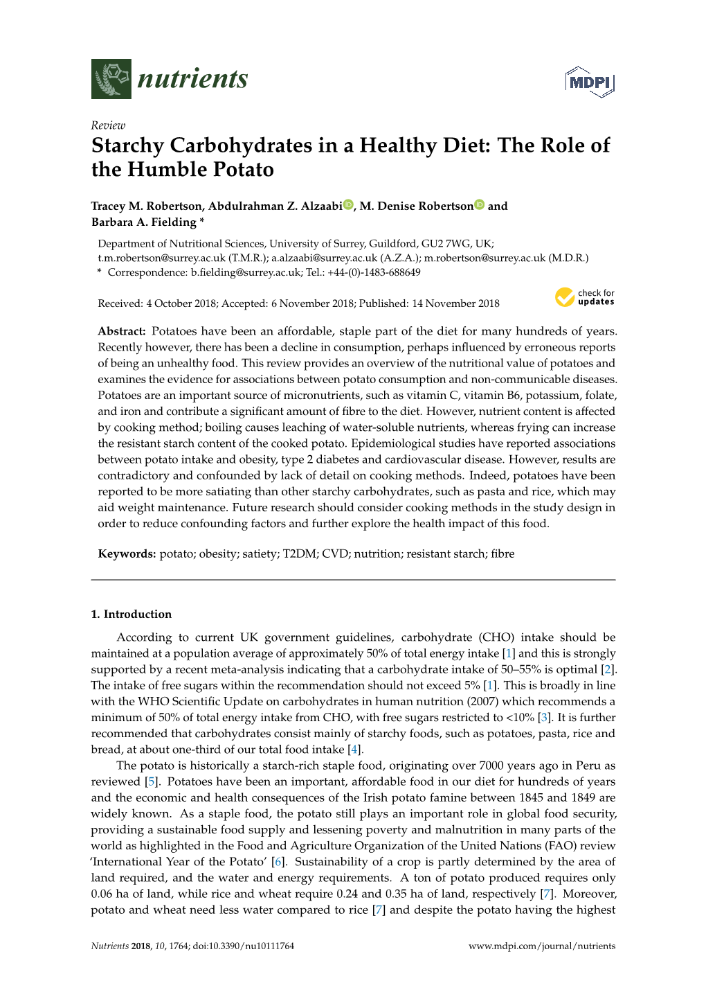 Starchy Carbohydrates in a Healthy Diet: the Role of the Humble Potato