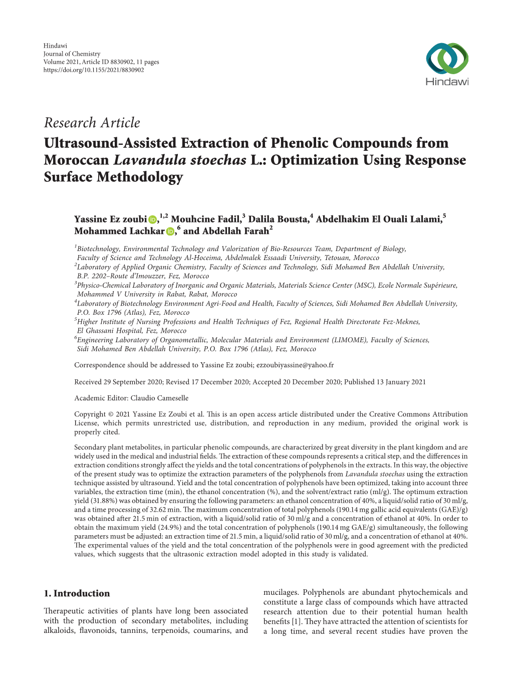 Ultrasound-Assisted Extraction of Phenolic Compounds from Moroccan Lavandula Stoechas L.: Optimization Using Response Surface Methodology