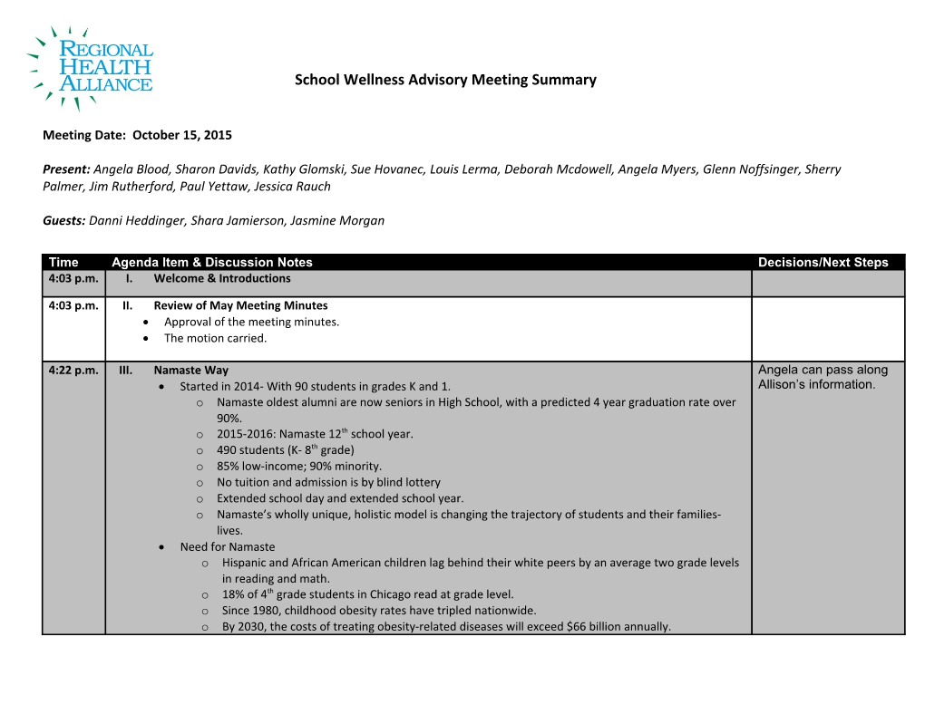 School Wellness Advisory Meeting Summary