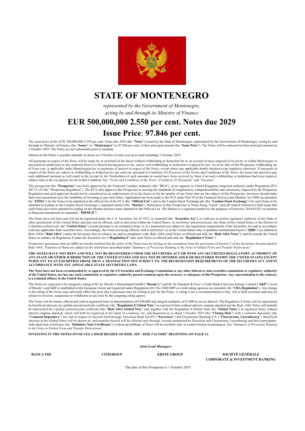 STATE of MONTENEGRO Represented by the Government of Montenegro, Acting by and Through Its Ministry of Finance EUR 500,000,000 2.550 Per Cent