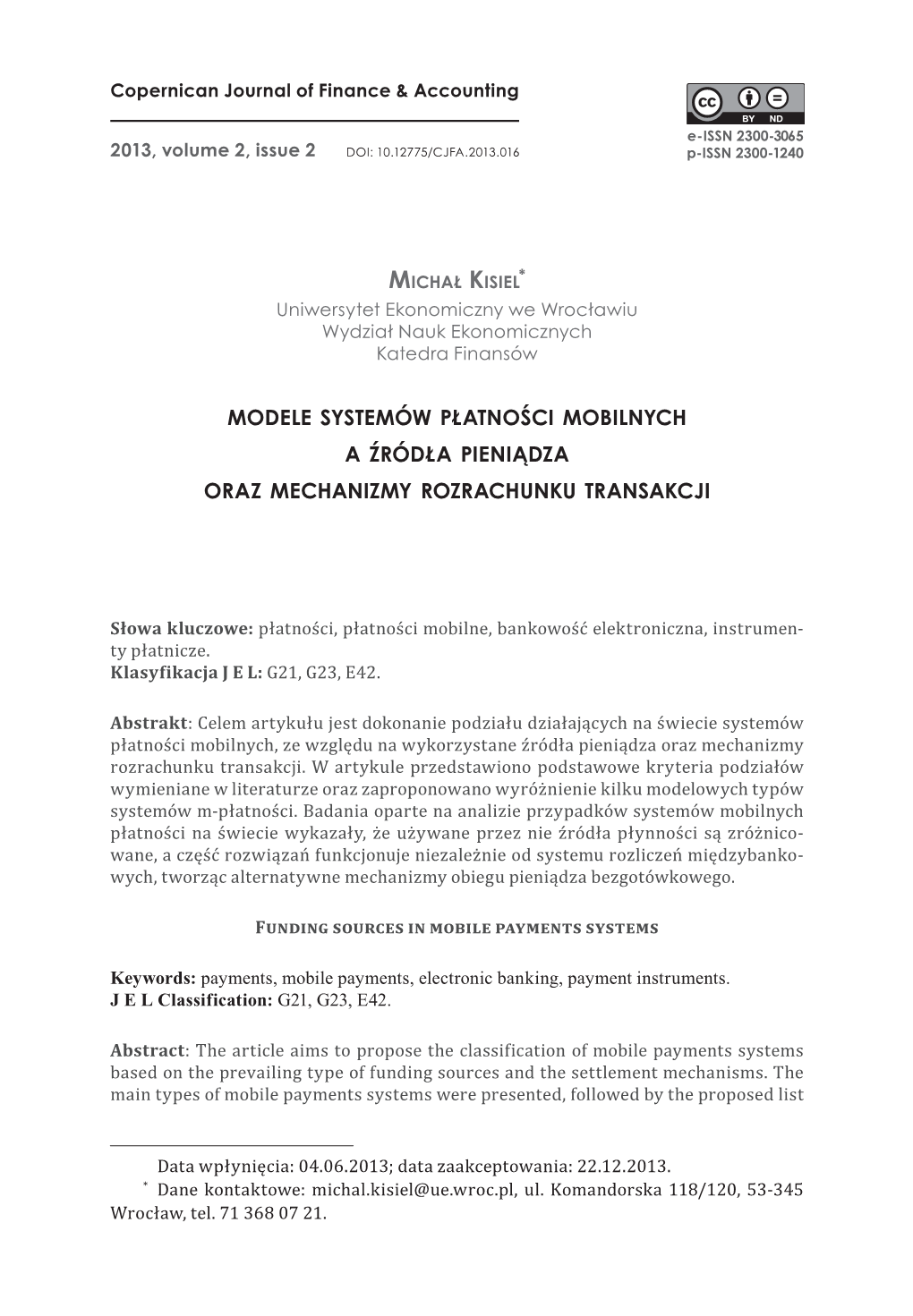 Modele Systemów Płatności Mobilnych a Źródła Pieniądza Oraz Mechanizmy Rozrachunku Transakcji