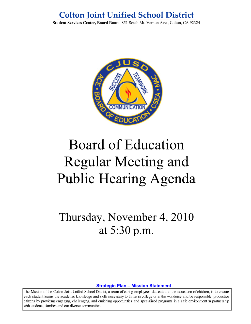 Board of Education Regular Meeting and Public Hearing Agenda