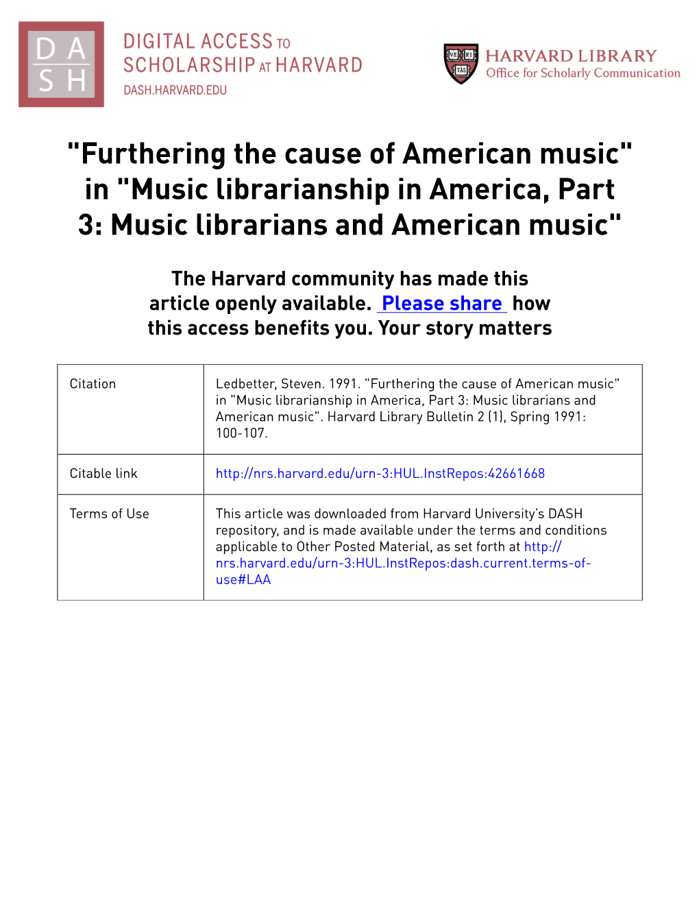 "Furthering the Cause of American Music" in "Music Librarianship in America, Part 3: Music Librarians and American Music"