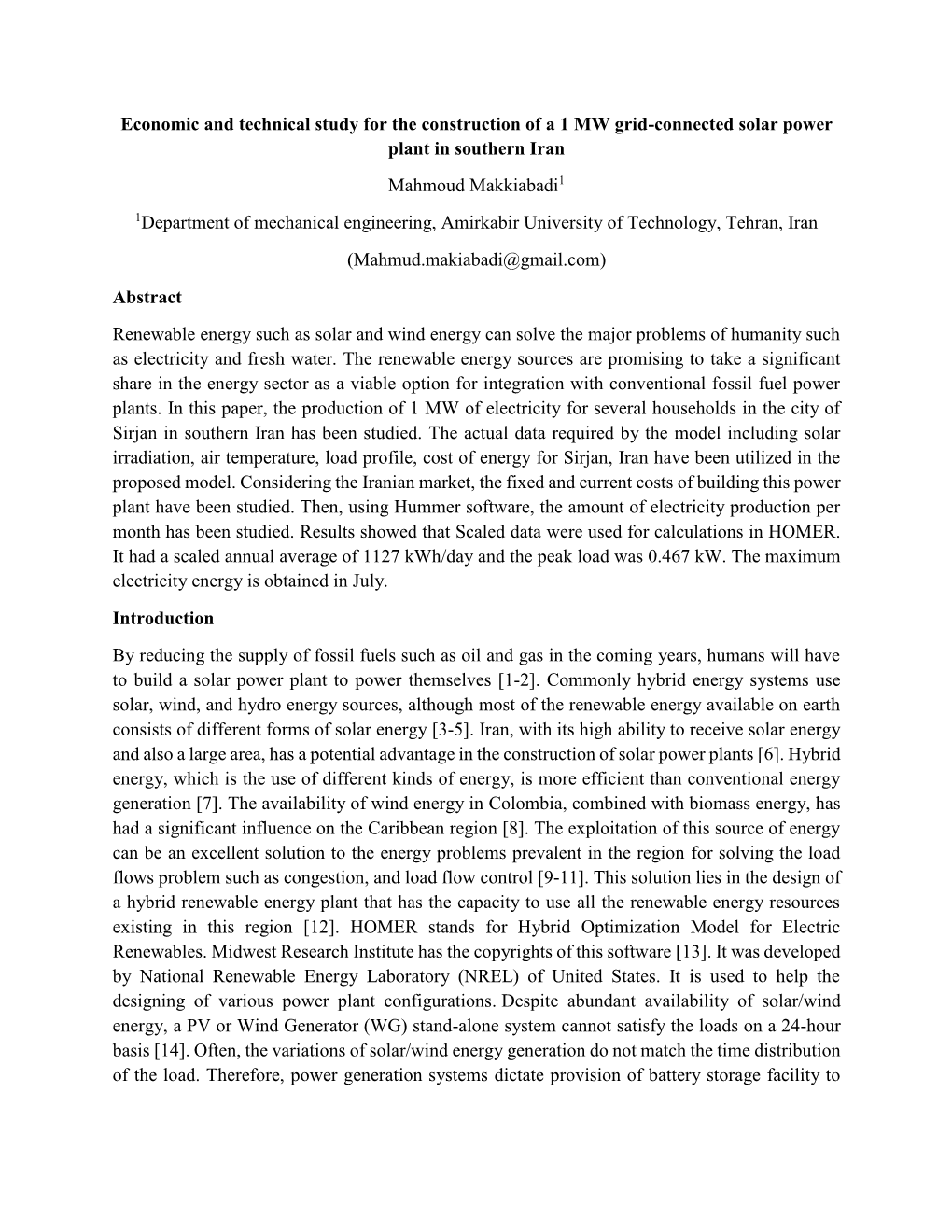 Economic and Technical Study for the Construction of a 1 MW Grid