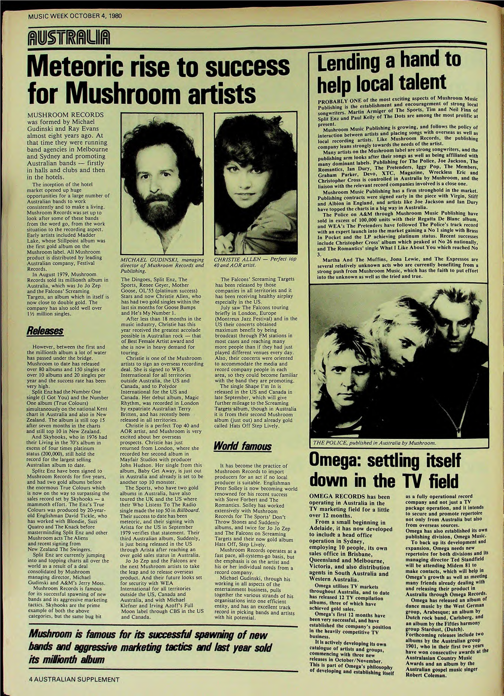 MUSIC WEEK OCTOBER 4, 1980 Meteoric Rise to Success for Mushroom Artists MUSHROOM RECORDS Was Formed by Michael Gudinski And