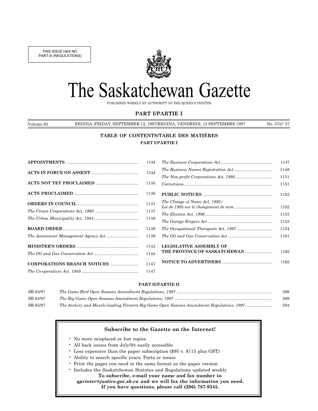 Sask Gazette, Part I, Sep 12, 1997