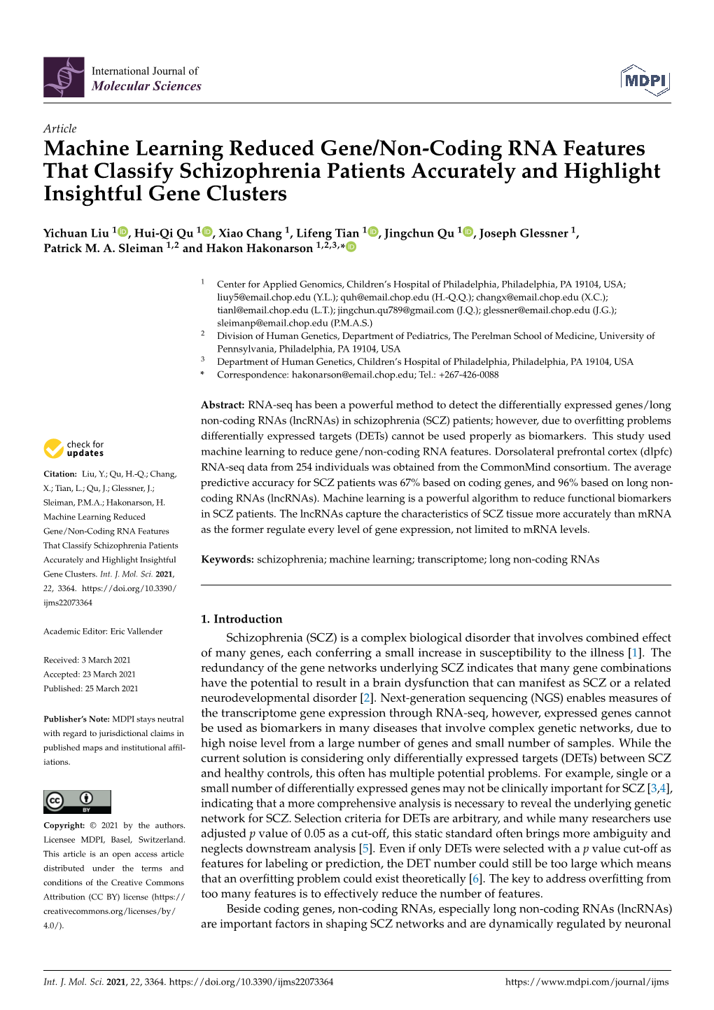 Machine Learning Reduced Gene/Non-Coding RNA Features That Classify Schizophrenia Patients Accurately and Highlight Insightful Gene Clusters