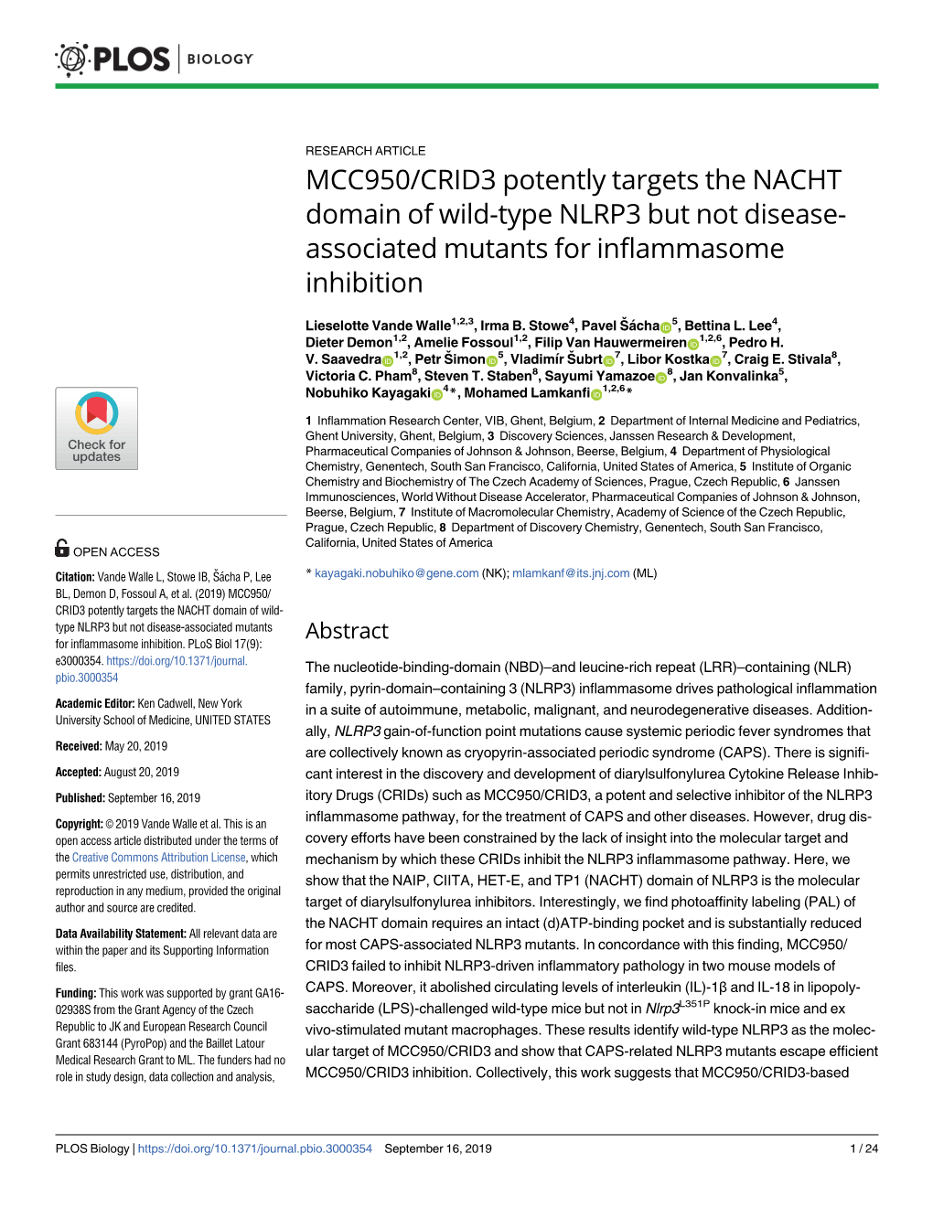 MCC950/CRID3 Potently Targets the NACHT Domain of Wild-Type NLRP3 but Not Disease- Associated Mutants for Inflammasome Inhibition