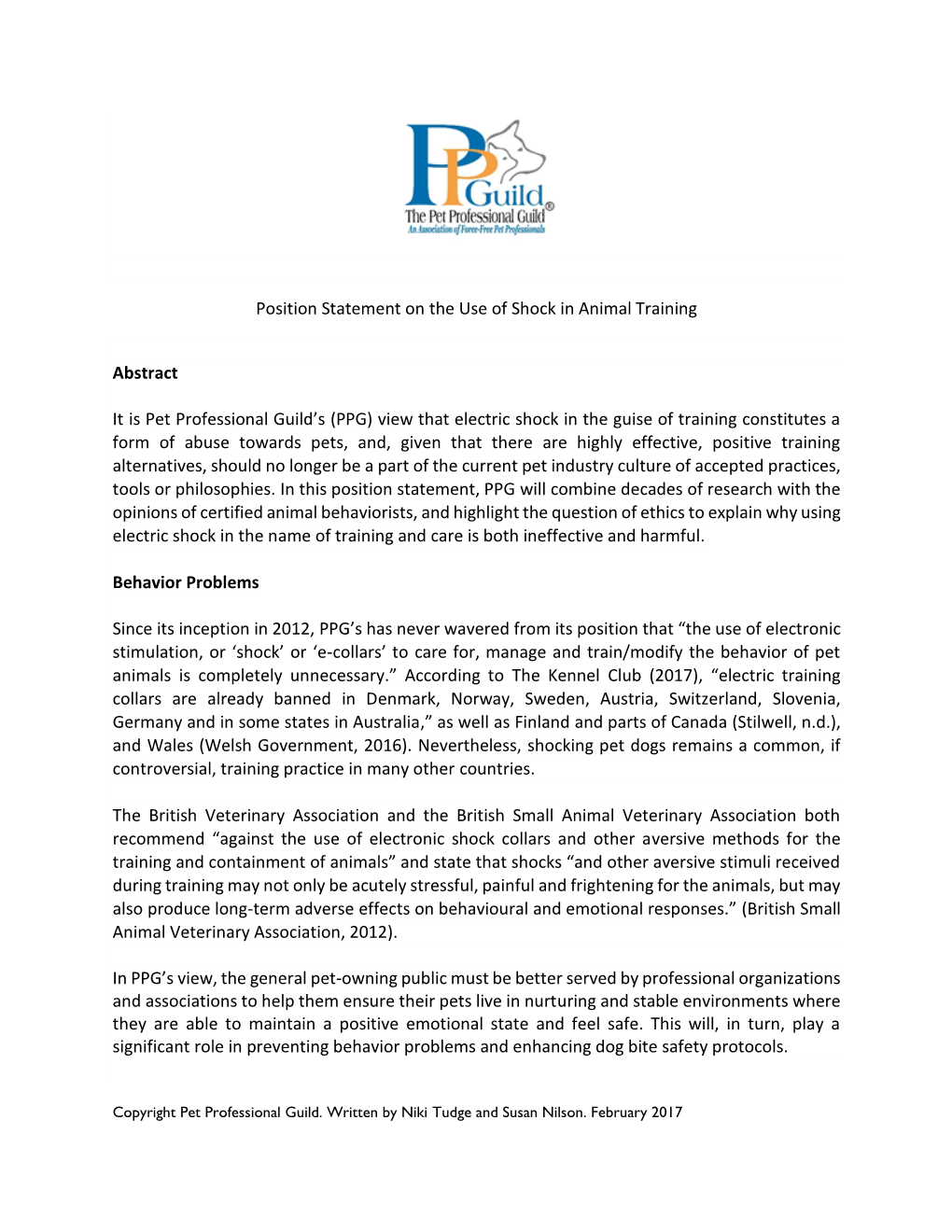 Position Statement on the Use of Shock in Animal Training