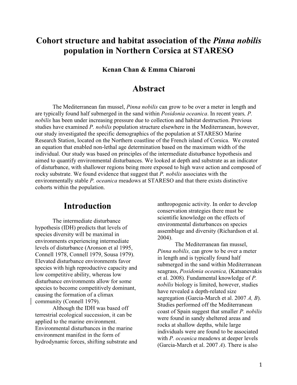 Cohort Structure and Habitat Association of the Pinna Nobilis Population in Northern Corsica at STARESO Abstract Introduction