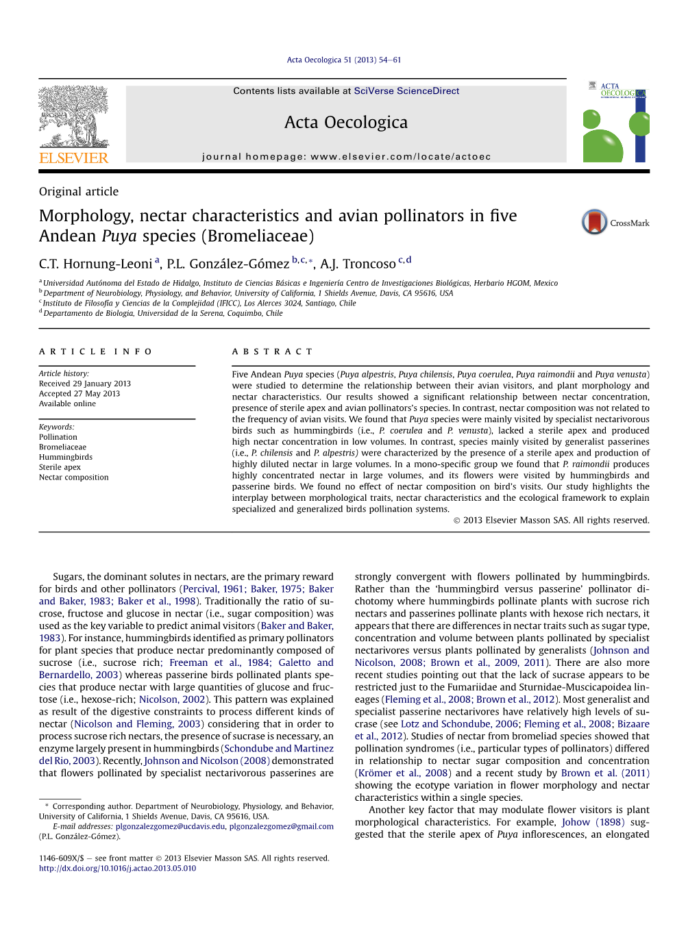 Morphology, Nectar Characteristics and Avian Pollinators in Five