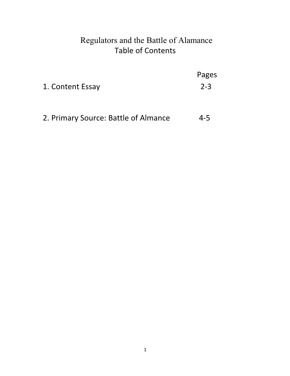 Regulators and the Battle of Alamance Table of Contents