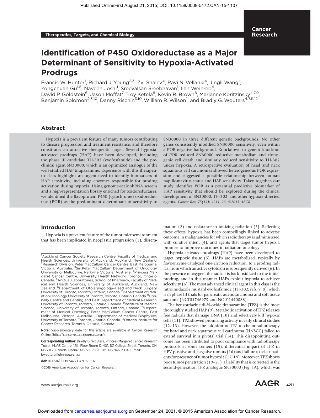 Identification of P450 Oxidoreductase As a Major Determinant of Sensitivity to Hypoxia-Activated Prodrugs