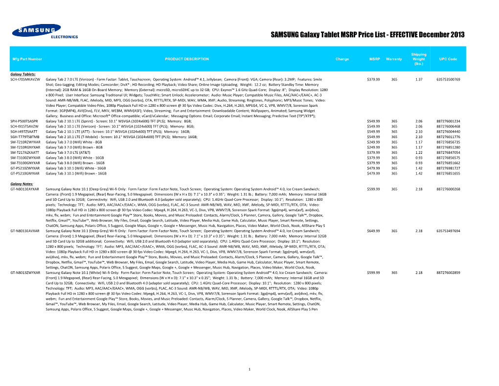SAMSUNG Galaxy Tablet MSRP Price List - EFFECTIVE December 2013