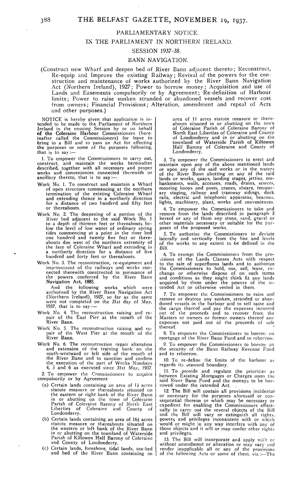 The Belfast Gazette, November 19, 1937. Parliamentary Notice