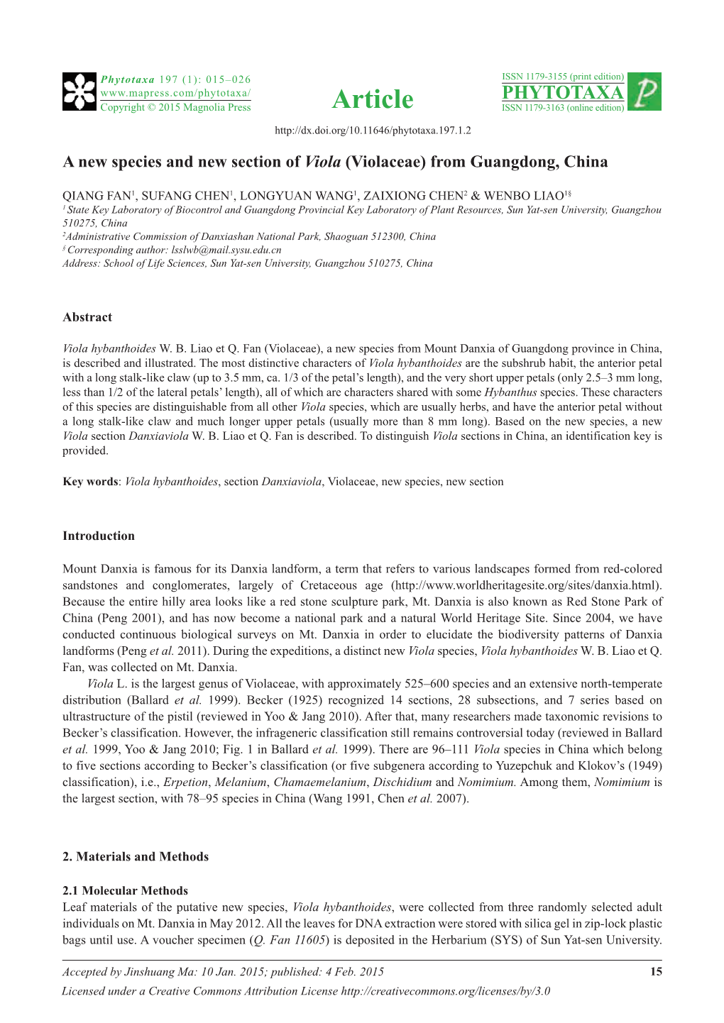 A New Species and New Section of Viola (Violaceae) from Guangdong, China