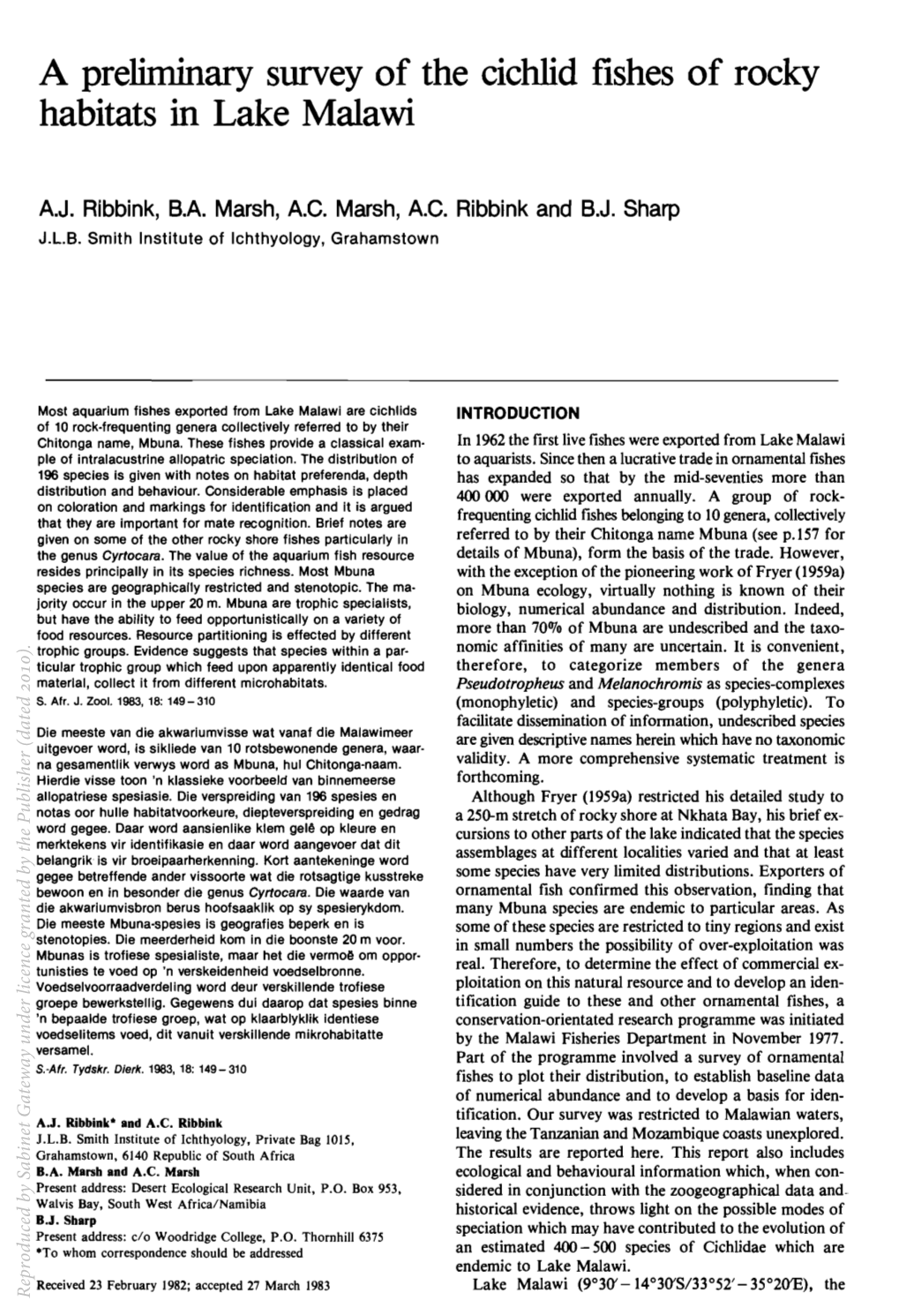 A Preliminary Survey of the Cichlid Fishes of Rocky Habitats in Lake Malawi