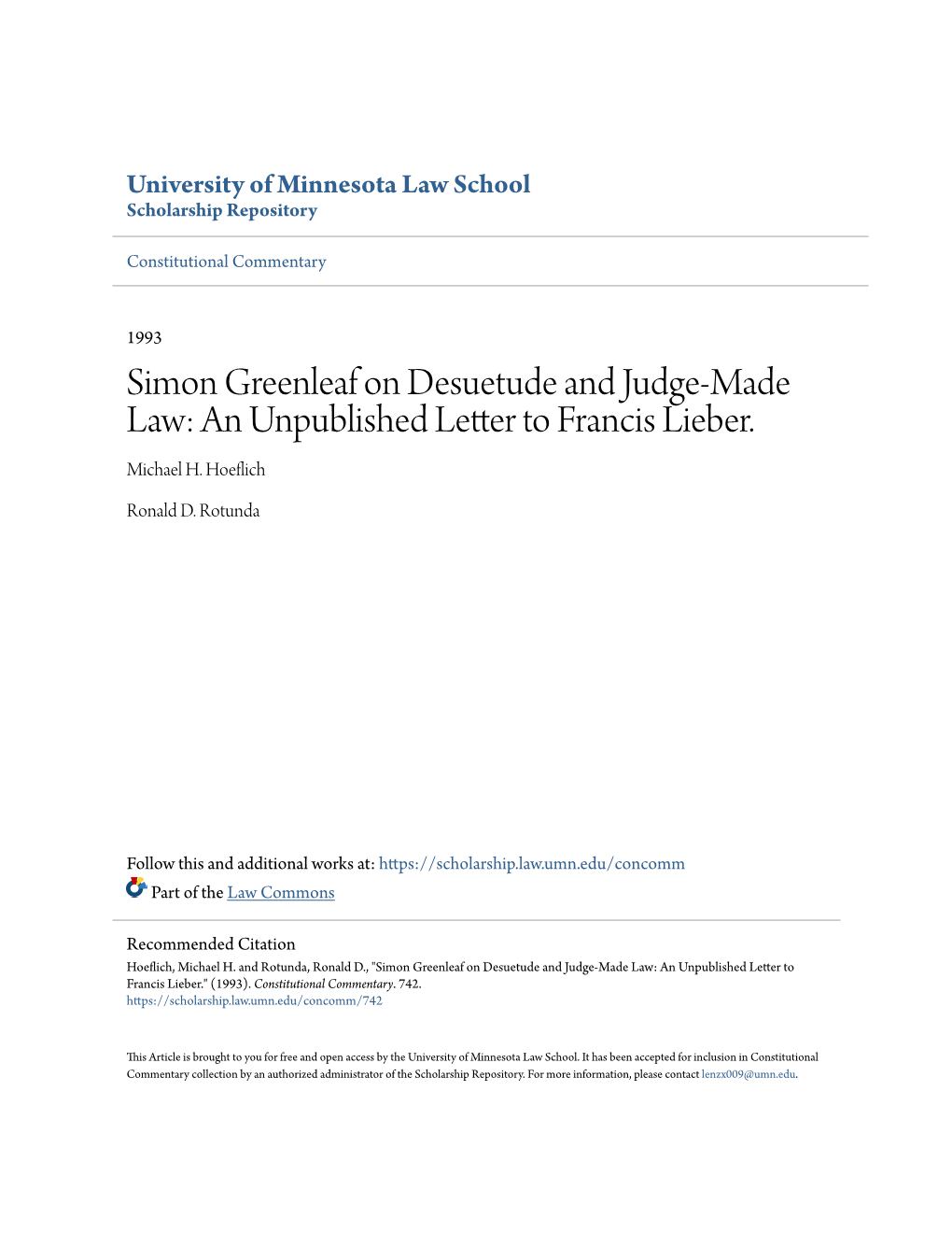 Simon Greenleaf on Desuetude and Judge-Made Law: an Unpublished Letter to Francis Lieber
