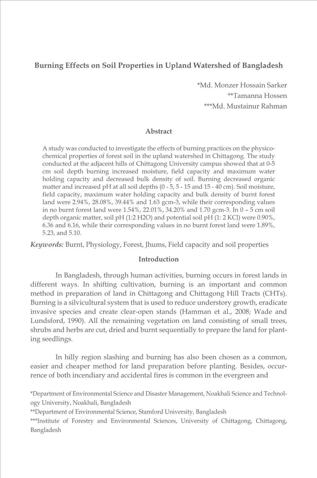 Burning Effects on Soil Properties in Upland Watershed of Bangladesh