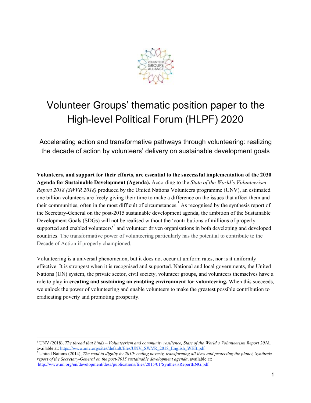 Volunteer Groups' Thematic Position Paper to the High-Level Political