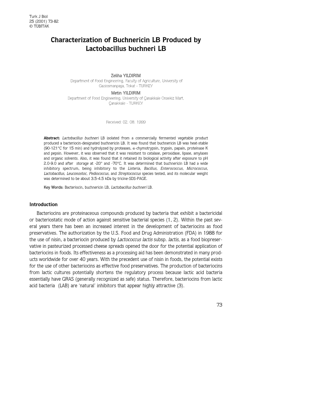 Characterization of Buchnericin LB Produced by Lactobacillus Buchneri LB