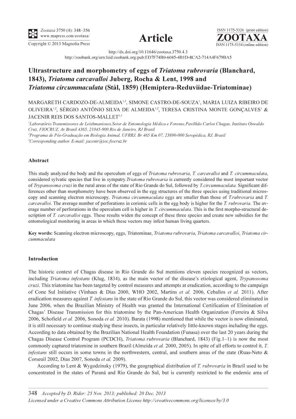 Ultrastructure and Morphometry of Eggs of Triatoma Rubrovaria