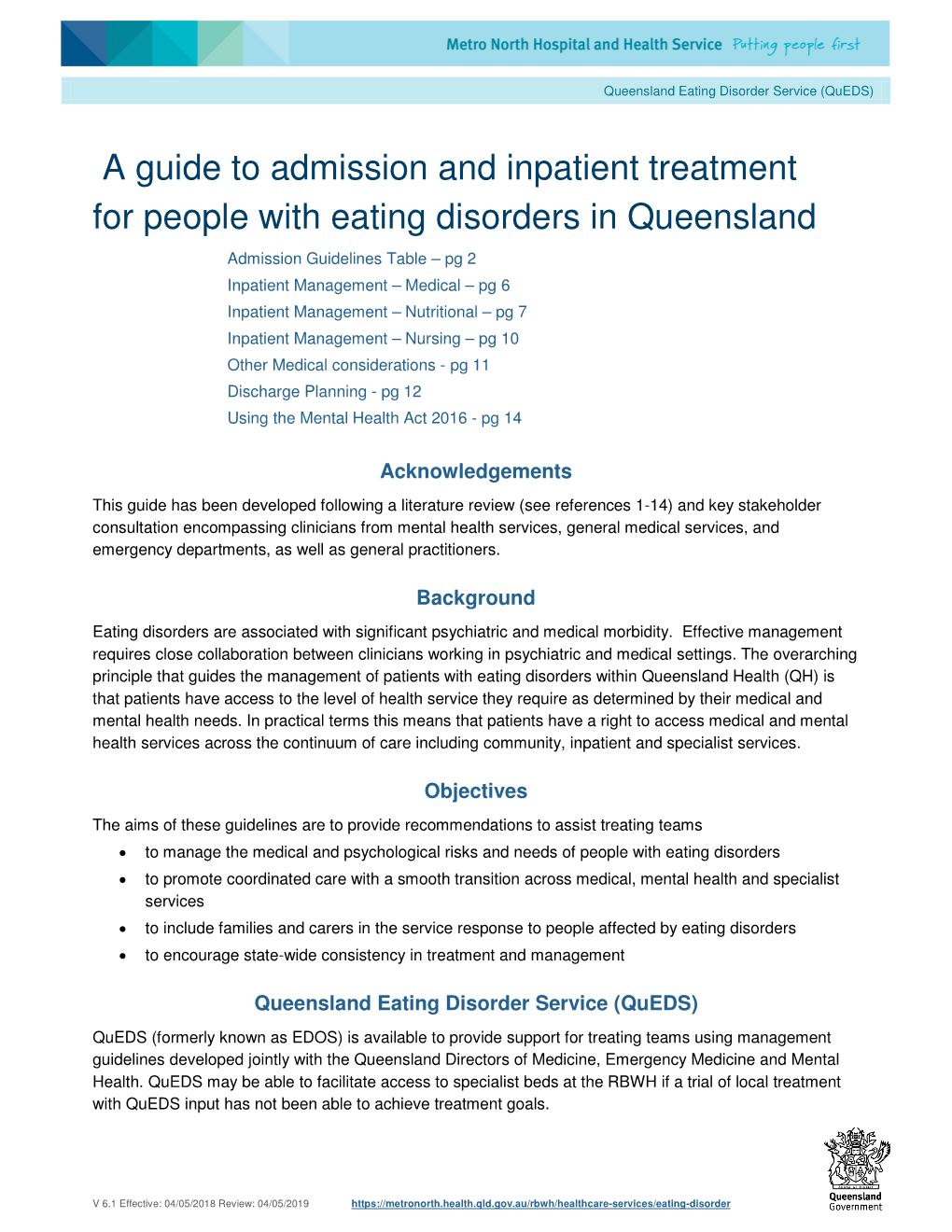 A Guide to Admission and Inpatient Treatment for People with Eating Disorders in Queensland