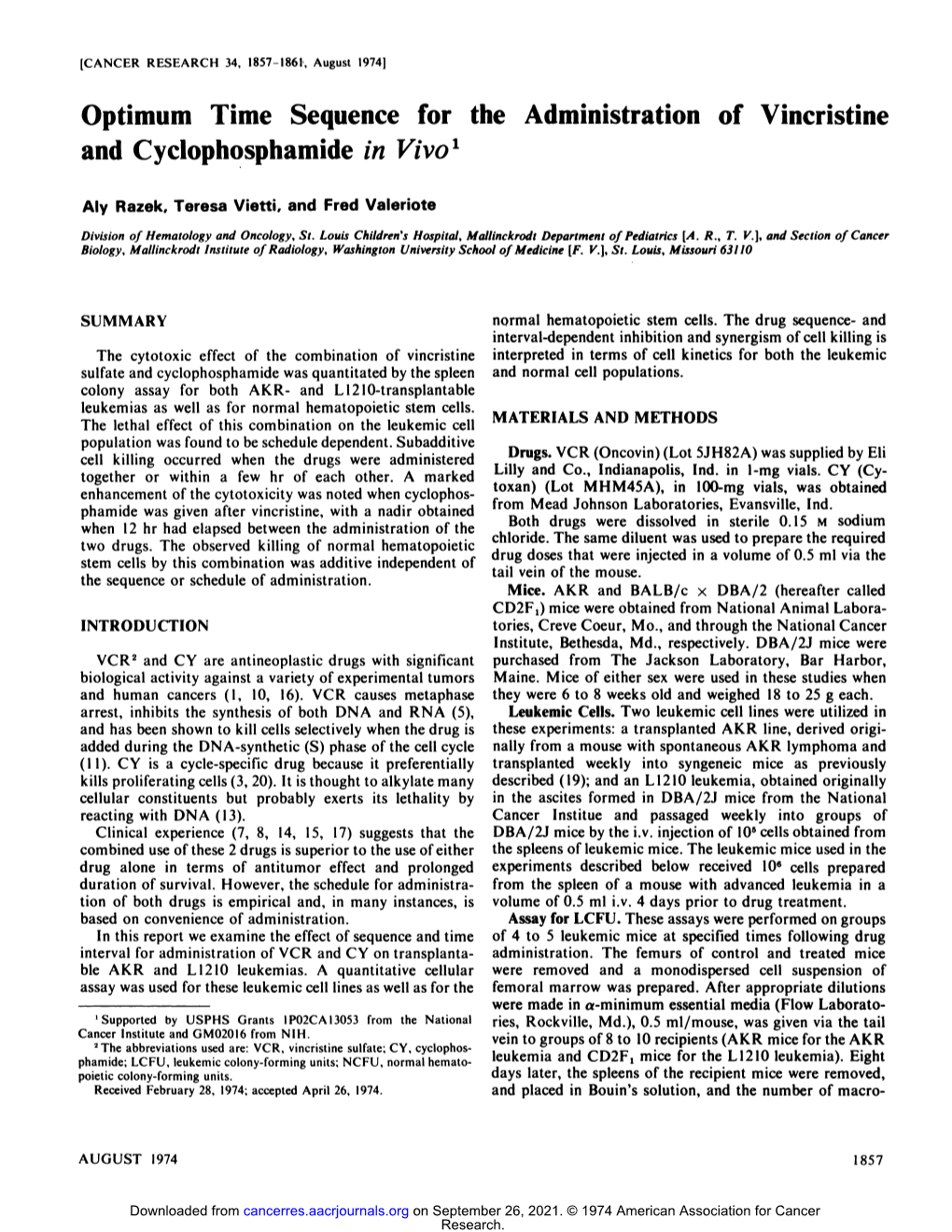 Optimum Time Sequence for the Administration of Vincristine and Cyclophosphamide in Vivo1