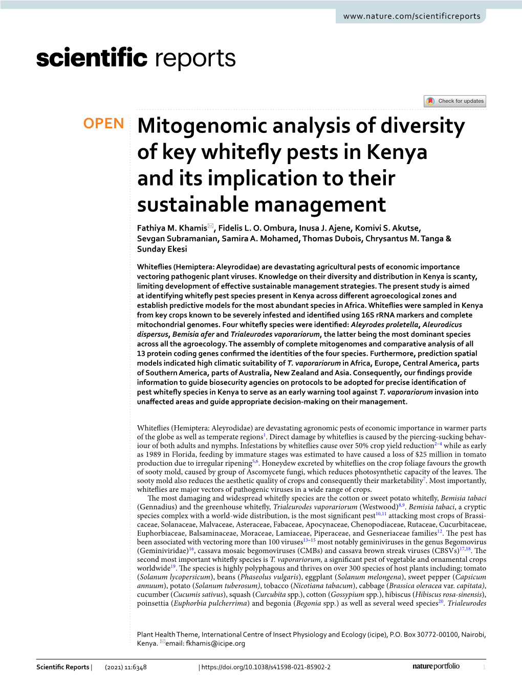 Mitogenomic Analysis of Diversity of Key Whitefly Pests in Kenya and Its