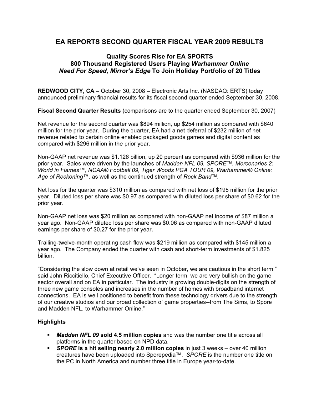 Ea Reports Second Quarter Fiscal Year 2009 Results