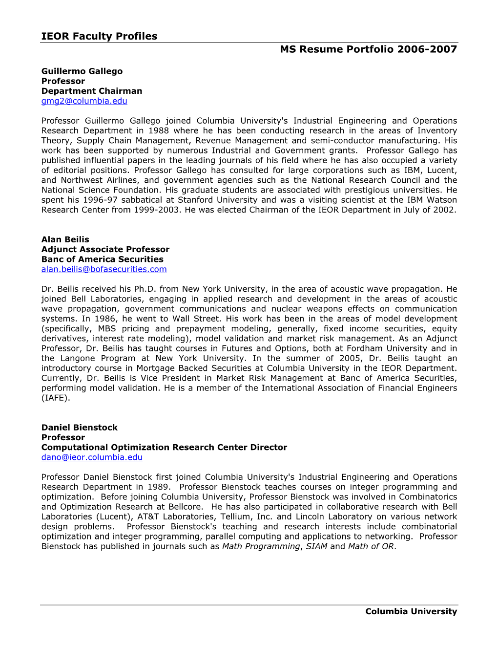 IEOR Faculty Profiles MS Resume Portfolio 2006-2007