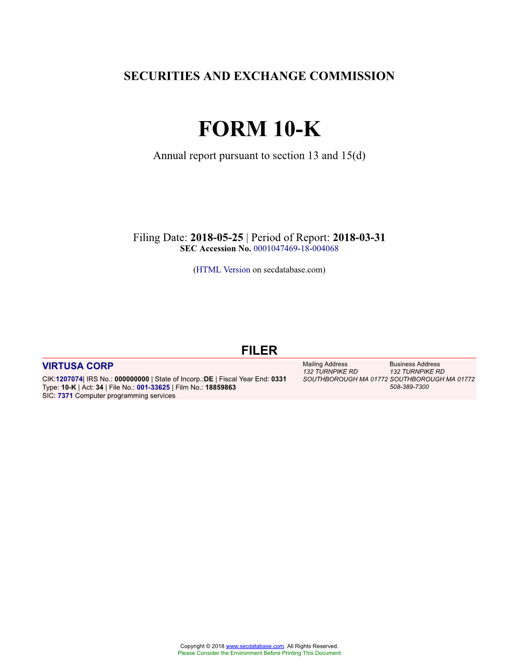 VIRTUSA CORP Form 10-K Annual Report Filed 2018-05-25