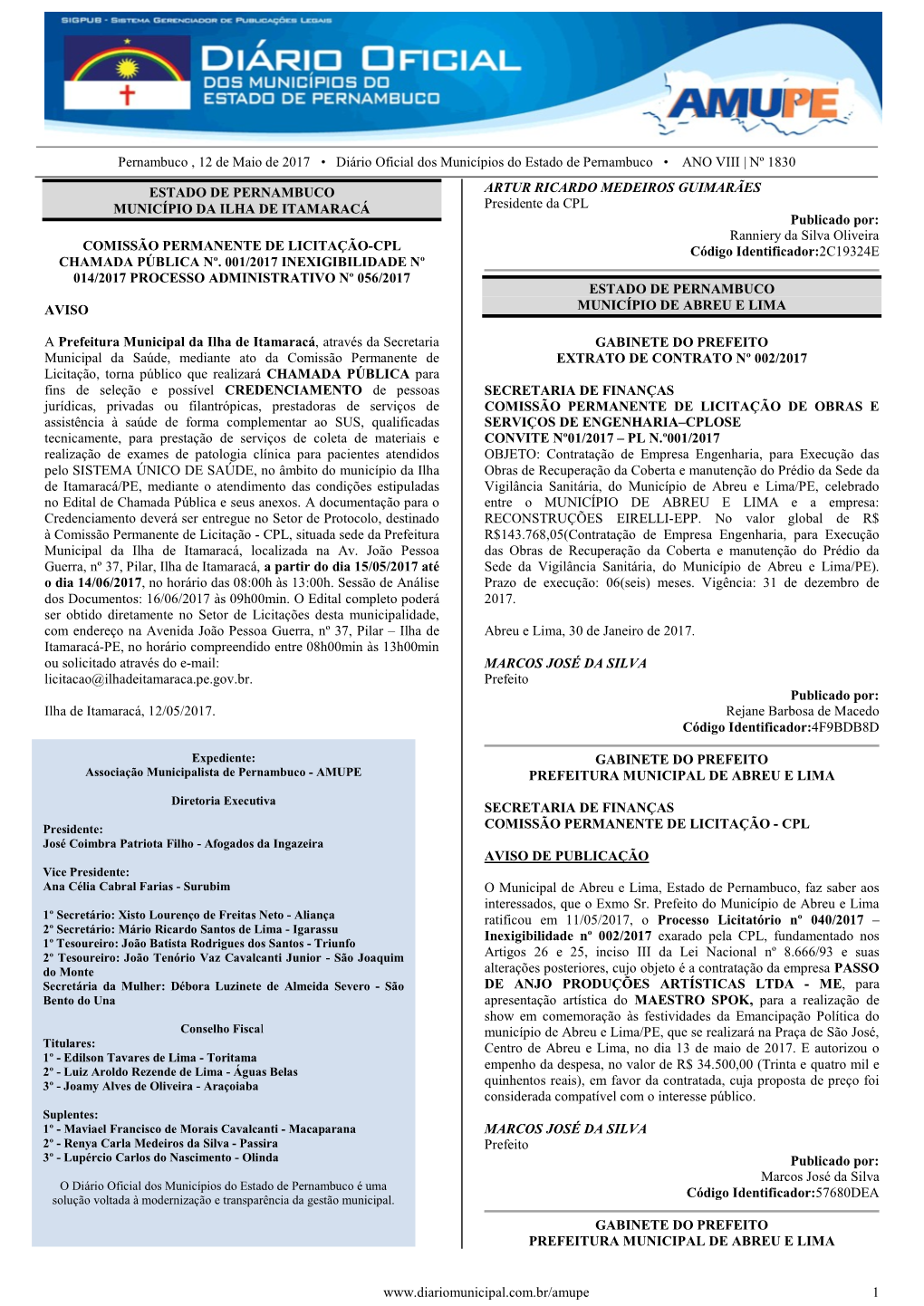 Pernambuco , 12 De Maio De 2017 • Diário Oficial Dos Municípios Do Estado De Pernambuco • ANO VIII | Nº 1830