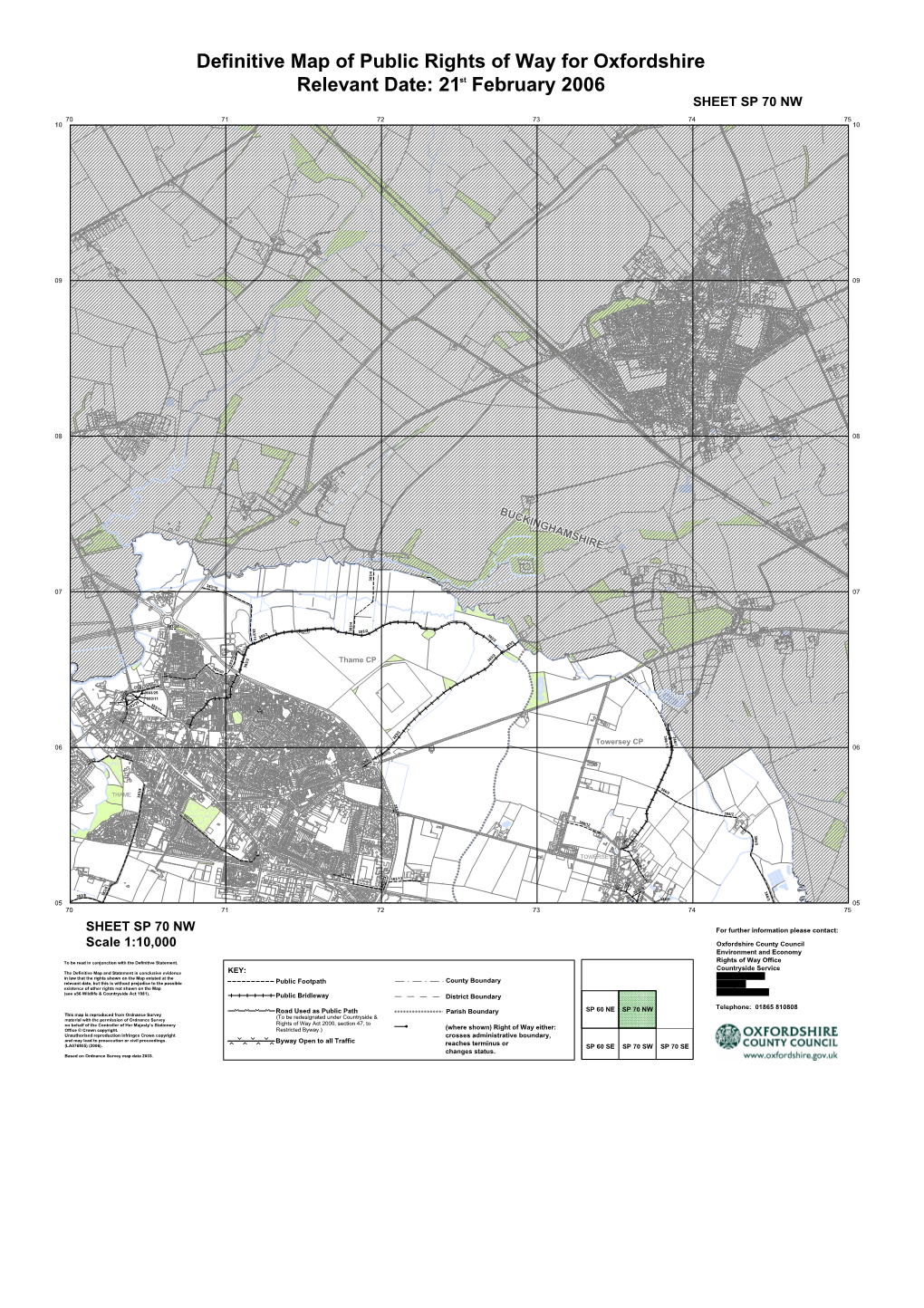 Definitive Map of Public Rights of Way for Oxfordshire Relevant Date: 21St February 2006 Colour SHEET SP 70 NW