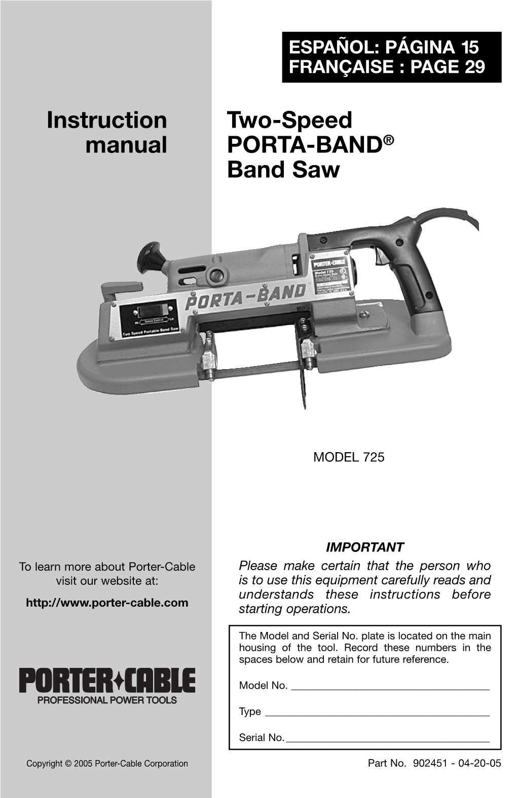 Two-Speed PORTA-BAND® Band Saw Instruction Manual