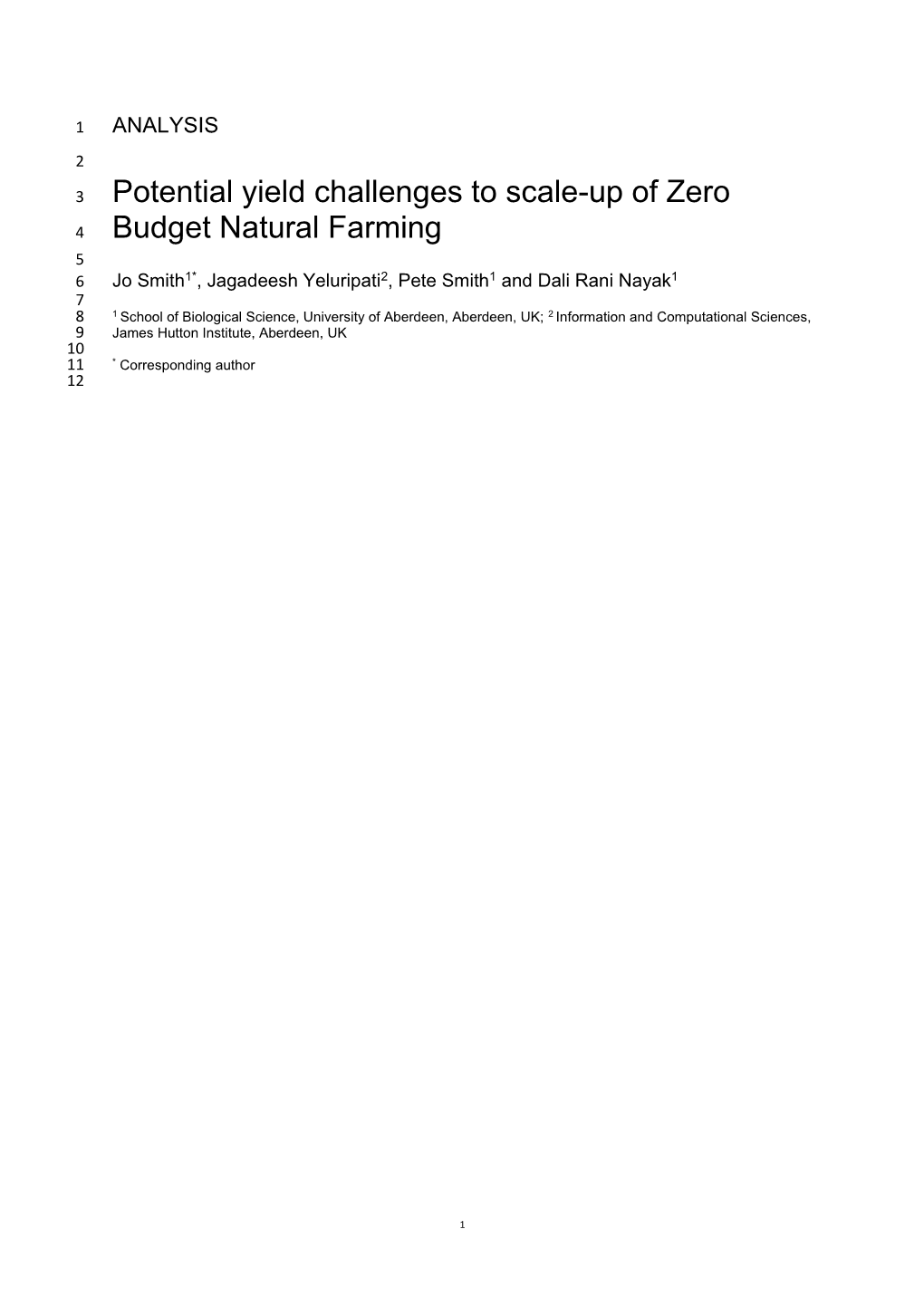 Potential Yield Challenges to Scale-Up of Zero Budget Natural Farming