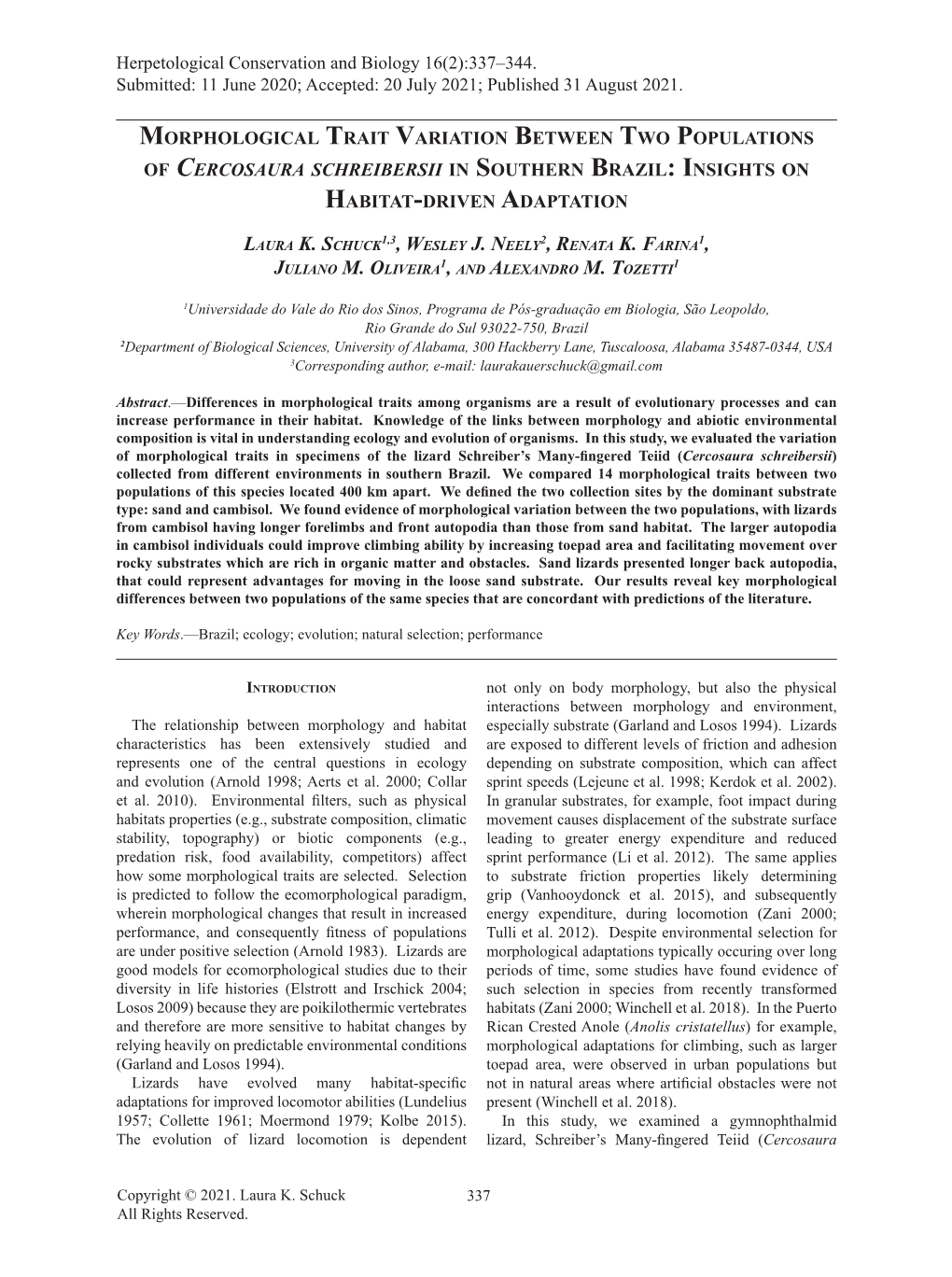 Morphological Trait Variation Between Two Populations of Cercosaura Schreibersii in Southern Brazil: Insights on Habitat-Driven Adaptation