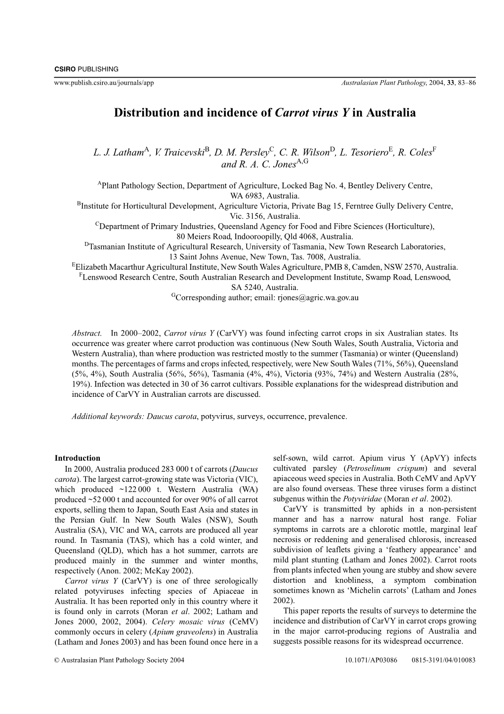 Distribution and Incidence of Carrot Virus Y in Australia